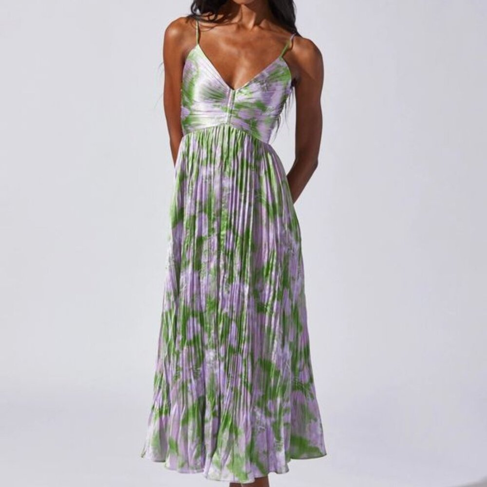 ASTR THE LABEL Maeve Pleated Midi Dress - size M purple/green colorway